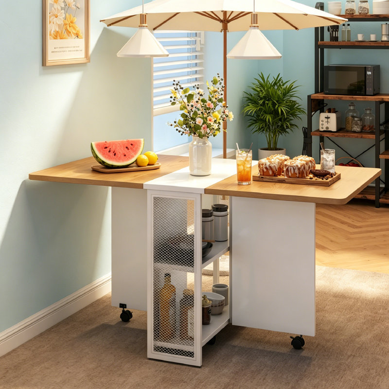 50" Space Saving Folding Dining Table, Farmhouse Dining Table,Drop Leaf Kitchen Table with 2-Layer Storage Shelf, 6 Wheels Multipose Expandable Table for Small Space,Kitchen & Dining Room.