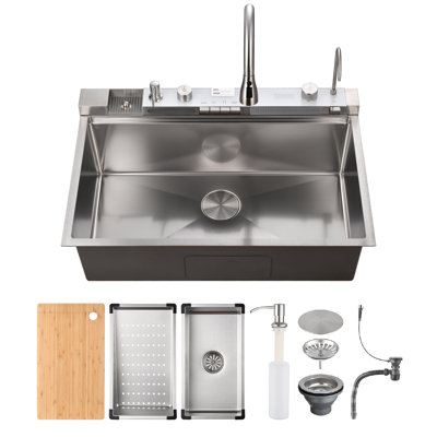 33"L × 22"W Drop-in Single Bowl Stainless Steel Kitchen Sink with Digital Display Workstation Sink