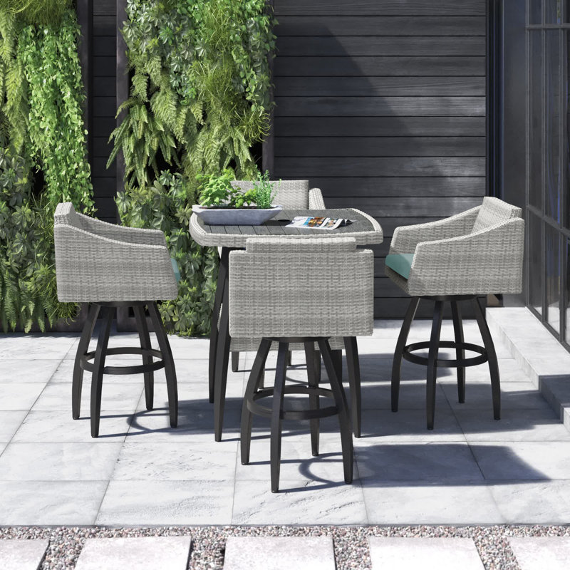 Fionnula Square 4 - Person 38" Long Bar Height Dining Set With Sunbrella Cushion Covers, Canvas Spa Sunbrella® Canvas