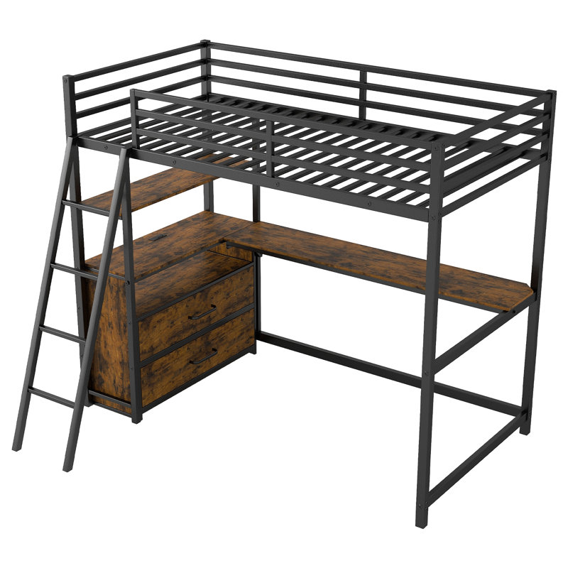 Lit mezzanine simple en métal et bois avec bureau et tablettes, deux tiroirs intégrés, lumière à DEL et station de charge USB