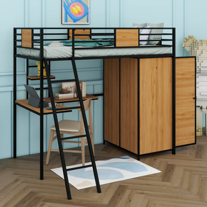 Un lit mezzanine simple avec un bureau en forme de L et une armoire intégrée, Noir