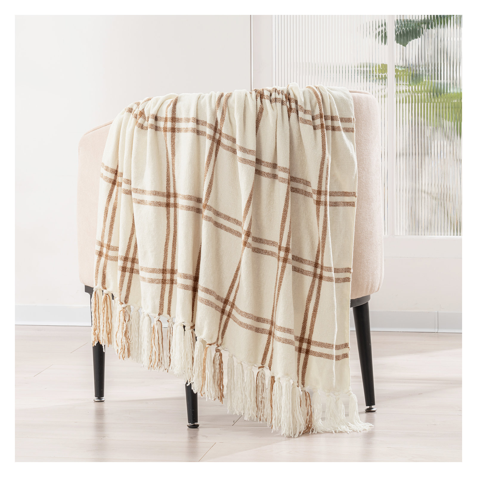 Soft Chenille Throw Blanket, 60" L x 50" W, Cream/Beige Plaid