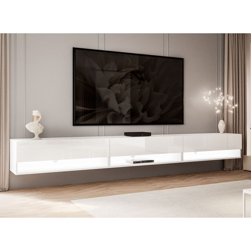 Floating Calante TV Lowboard with LED Light, High-Gloss White