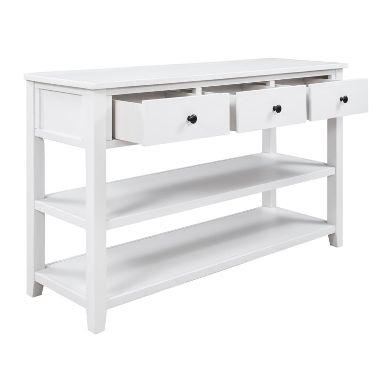 Console rétro avec deux tablettes ouvertes, structure en bois de pin massif et pieds pour le salon (blanc antique)