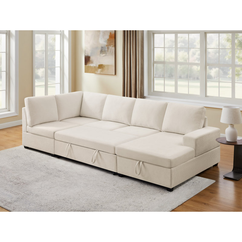 Pull-Out Sofa With Storage Chaise, Upholstered Couch, Beige Polyester/Fabric