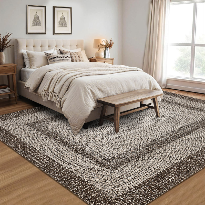 Machine Washable Non-Slip Non-Shedding Area Rugs for Living Room, Farmhouse Printed Braided Bordered Carpet, Stain Resistant Thin Foldable Floor Cover for Nursery Dining Room