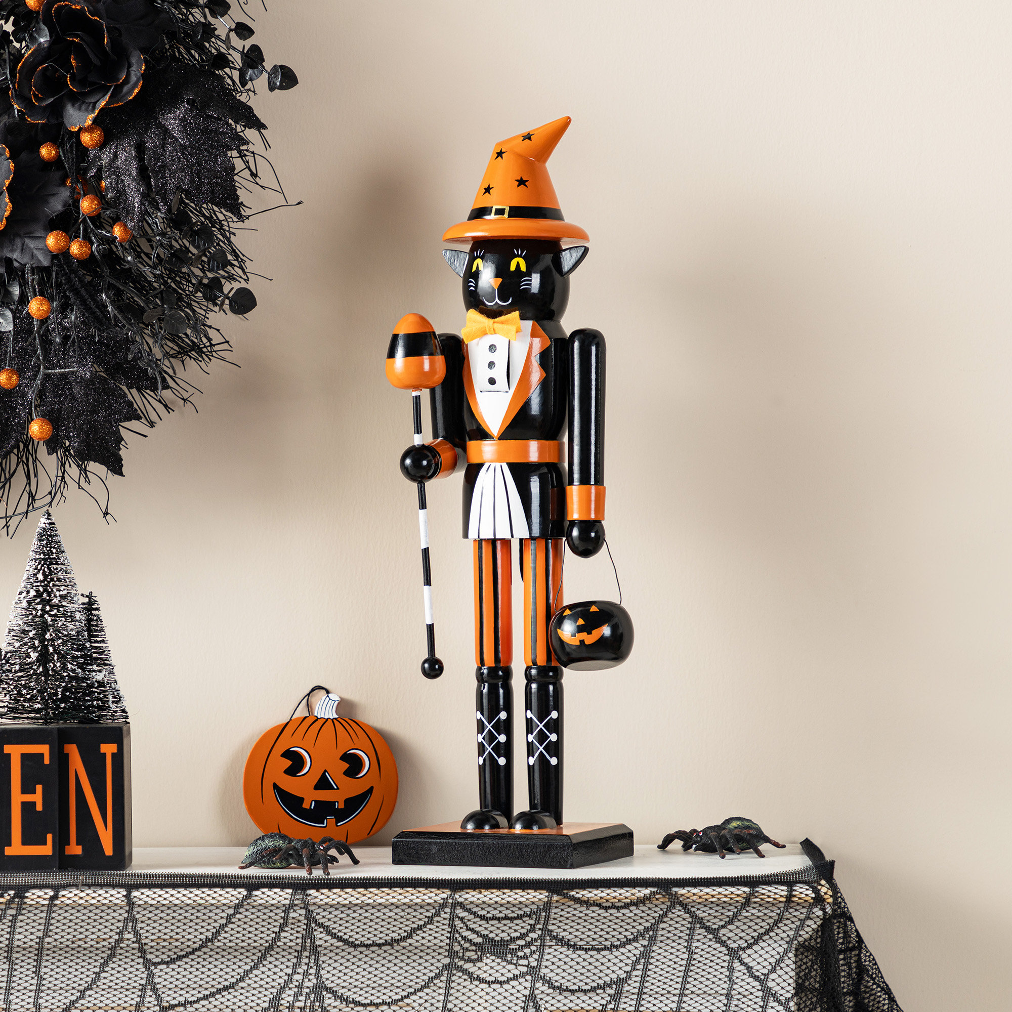 Ophelia & Co. 18.50"H Halloween Wood Black Cat Nutcracker W/Pumpkin Ornament | Wayfair