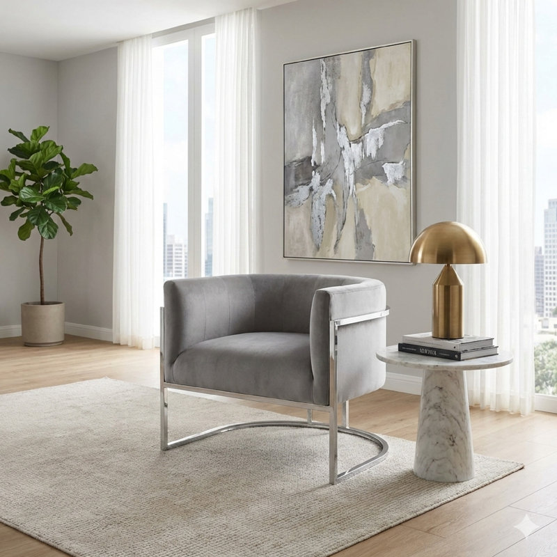 Fauteuil en velours de 30 po de largeur Maxuel, Velours gris, Argent