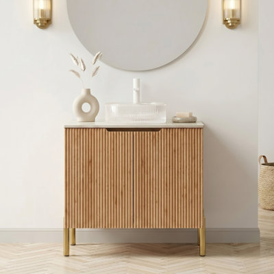 Meuble-lavabo moderne 30 po avec portes cannelées, comptoir en pierre frittée, plusieurs options d'évier à vasque et rangement à fermeture en douceur
