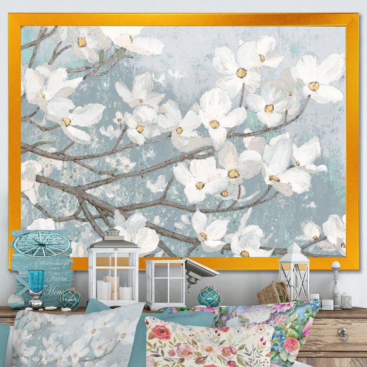 'Blue on Gray Blossoms' Picture Frame Print on Canvas
