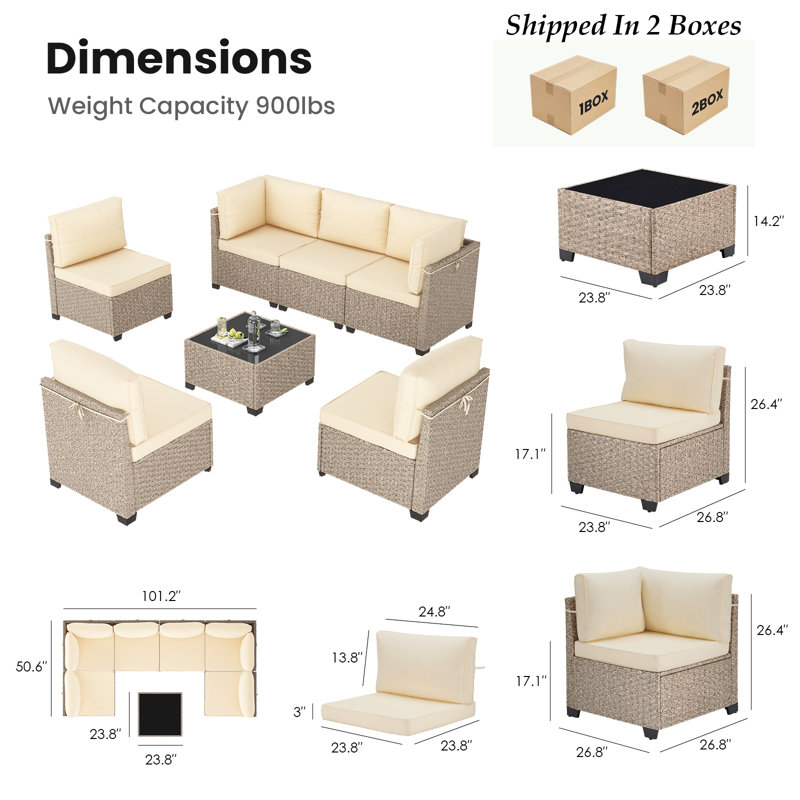 Ensemble de conversation modulaire en osier pour 6 personnes avec coussins, Beige, Gris