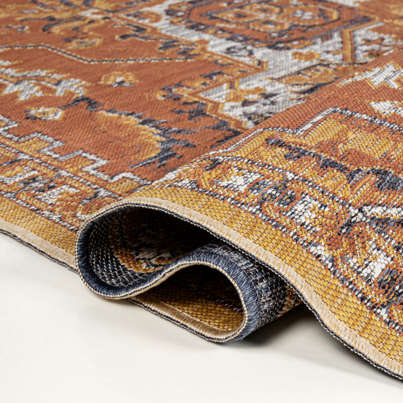 Bijan Traditional Vintage Medallion Reversible Machine-Washable Terra/Blue/Cream Indoor/Outdoor Rug, Runner 2' x 8'