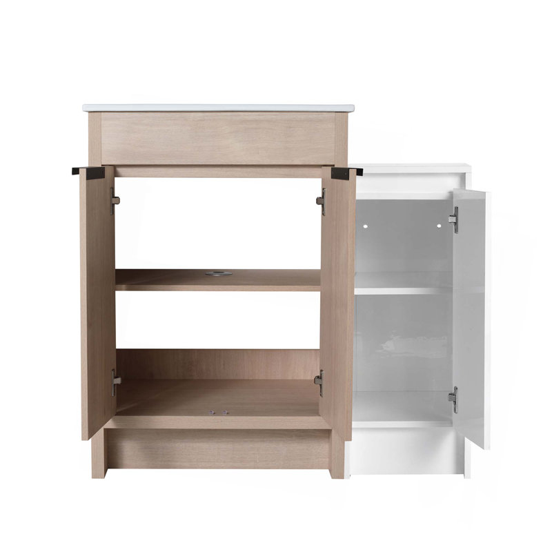 Meuble-lavabo autoportant avec lavabo en céramique et armoires de rangement, porte à fermeture douce