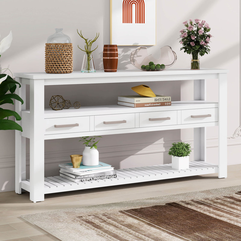 Grande console de 62,2 pouces avec 4 tiroirs, tablettes ouvertes à 3 niveaux, poignées en métal et pieds réglables, White
