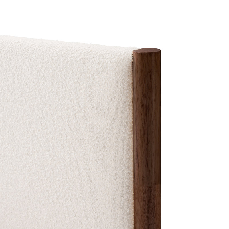 Structure de lit en bois massif Ardin avec tête de lit tapissier crème, Noyer, Lit simple