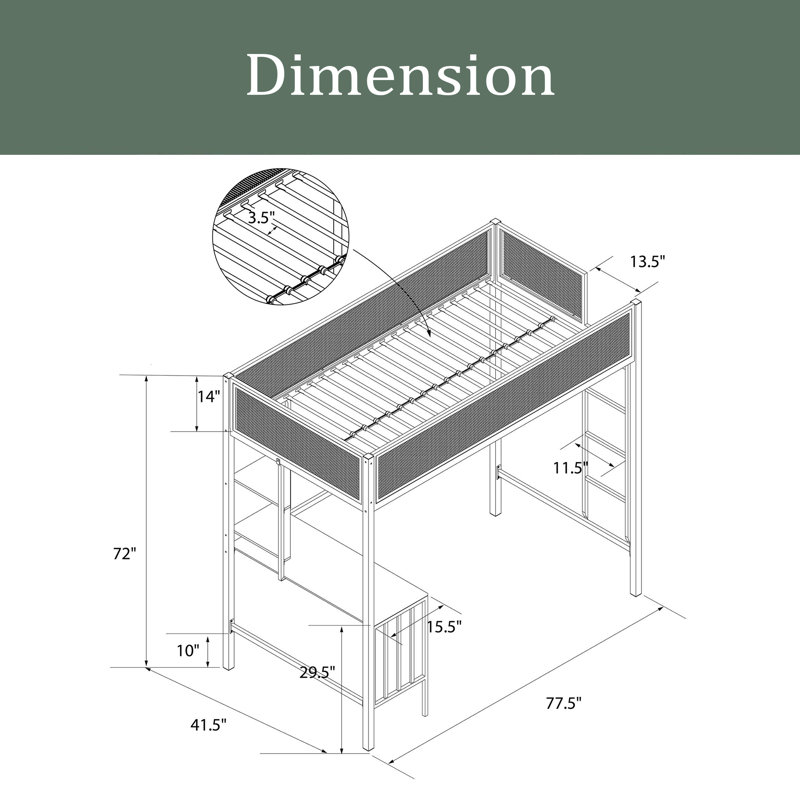 Lit mezzanine avec bureau et tablettes, Simple