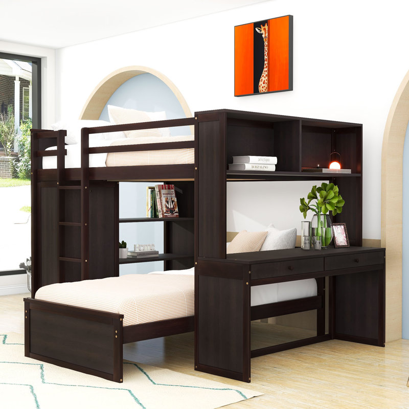 Lit superposé double en bois avec tablettes, bureau et garde-robe Hockaday, Espresso