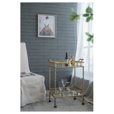 Chariot-bar de style brindille avec tablettes en verre, finition laiton antique, 23,5 po x 13,5 po x 30 po