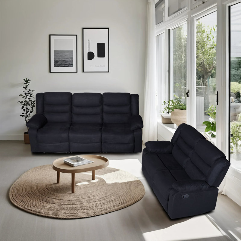 Ensembles de salon inclinables modernes en microfibre rembourrés, Noir
