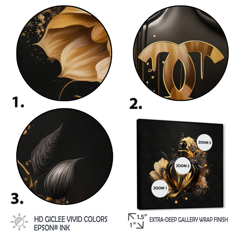 «Chic Black and Gold Perfume Bottle VII», reproduction d'art sur toile encadrée, H 30 po x l 30 po x P 1 po