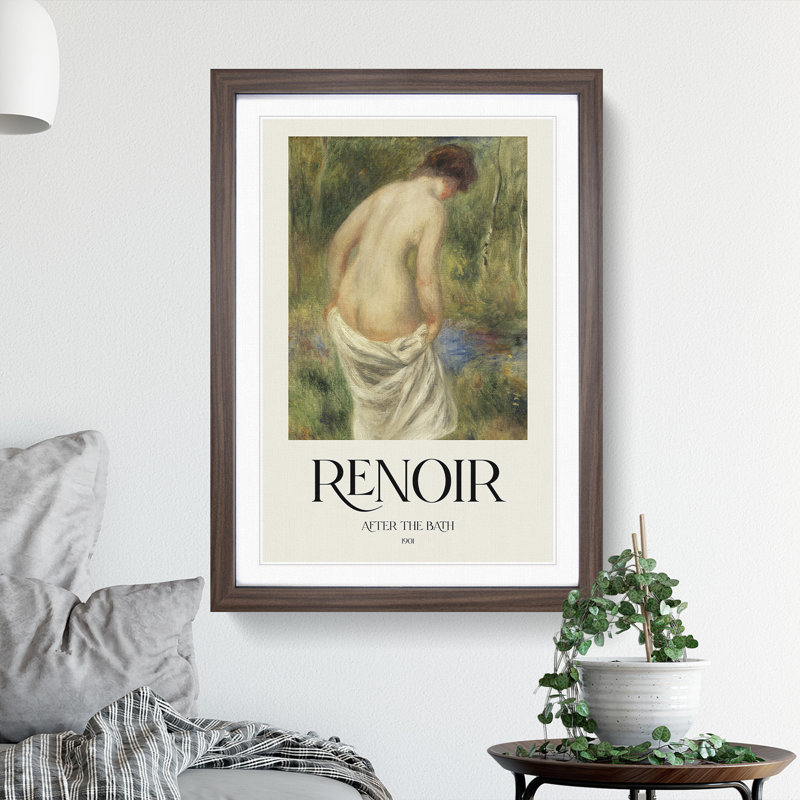 After the Bath by Pierre-Auguste Renoir - Picture Frame Painting, Walnut Framed, 48cm H x 36cm W x 2cm D