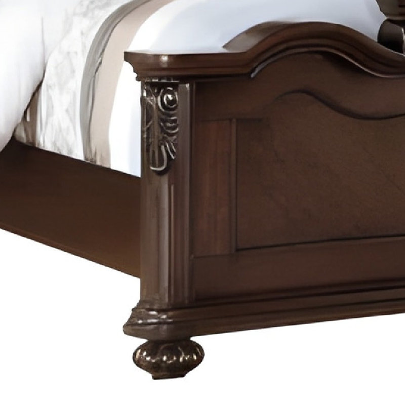 Geovany King Size Bed, Tufted Faux Leather Upholstery, Brown Baroque Style, Dark Walnut, King