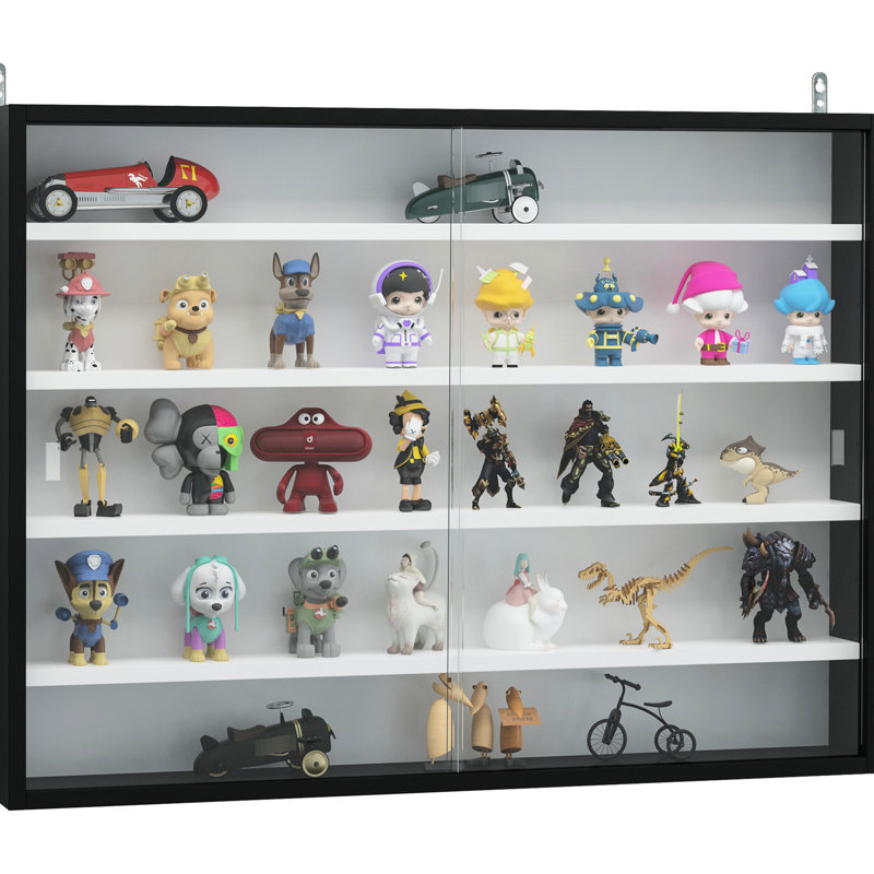 Vitrine à 5 niveaux, vitrine en verre avec 2 portes et tablettes réglables, fixation murale, noir, blanc