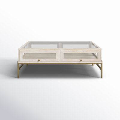 Arelius 42" Square Glass-Top Light Brown w/ Black Metal Base Display Coffee Table