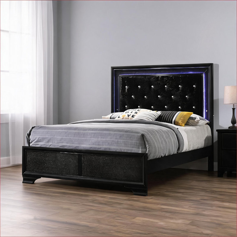 Pour la chambre à coucher, lit plateforme avec panneau de rangement en bois massif de couleur noire à DEL de style moderne Glam