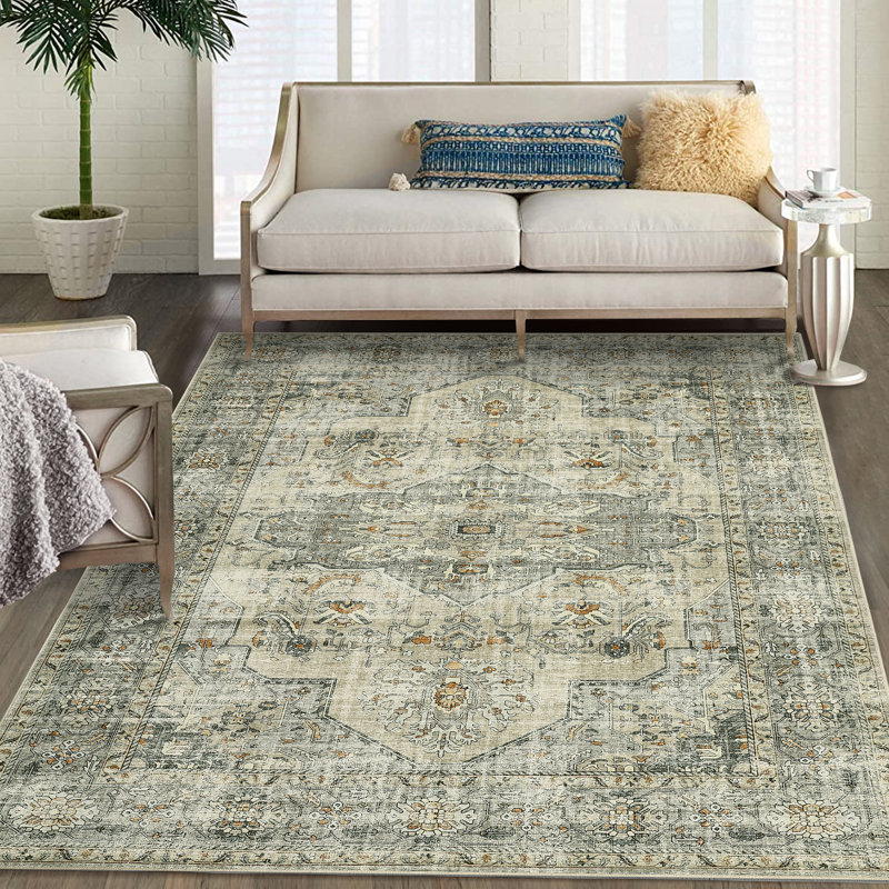 Tapis oriental lavable à la machine avec envers en caoutchouc durable pour le tapis de salon, Rectangle 8 pi x 10 pi