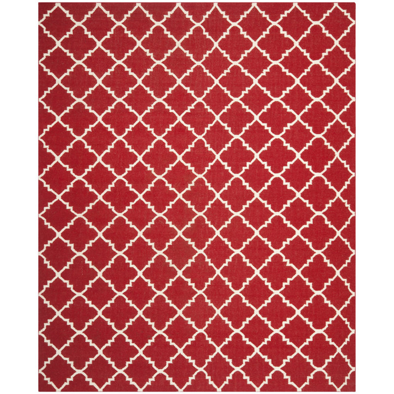 Rodgers Hand Woven Flat Weave Wool/Cotton Geometric Rug in Red/Ivory, Rectangle 8' x 10'