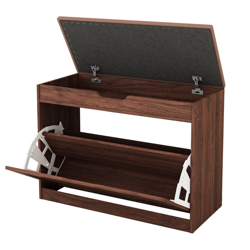 Banc de rangement pour chaussures l 27,5 po avec coussin, rangement à rabat, étagère à chaussures, Brun