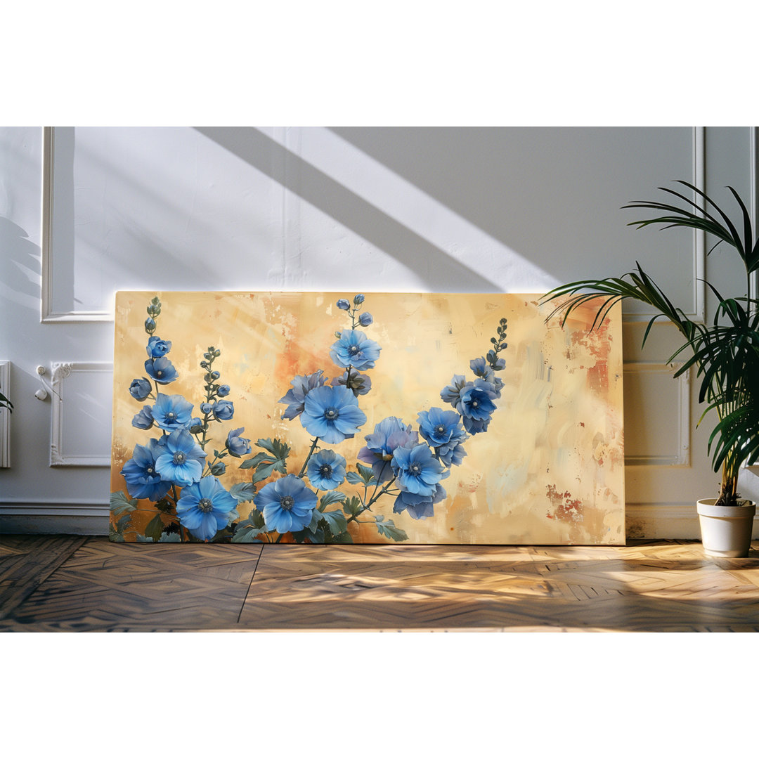 Wandbild 120x60cm Blaue Blumen Blüten abstrakter Hintergrund Erdtöne