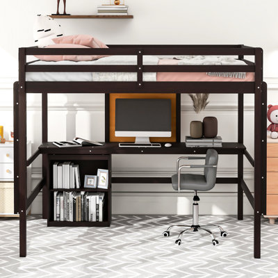 Lit mezzanine en bois pleine grandeur avec bureau et tableau d'écriture, finition pour un tableau de chambre à coucher élégant - durabilité en bois massif