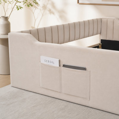 Lit de jour rembourré en velours double taille TG, beige