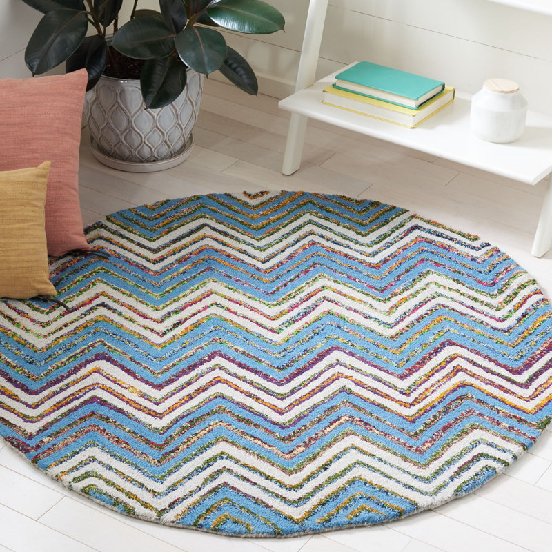Airion Hand Tufted Wool/Cotton Chevron Rug in Beige/Blue, Round 4'