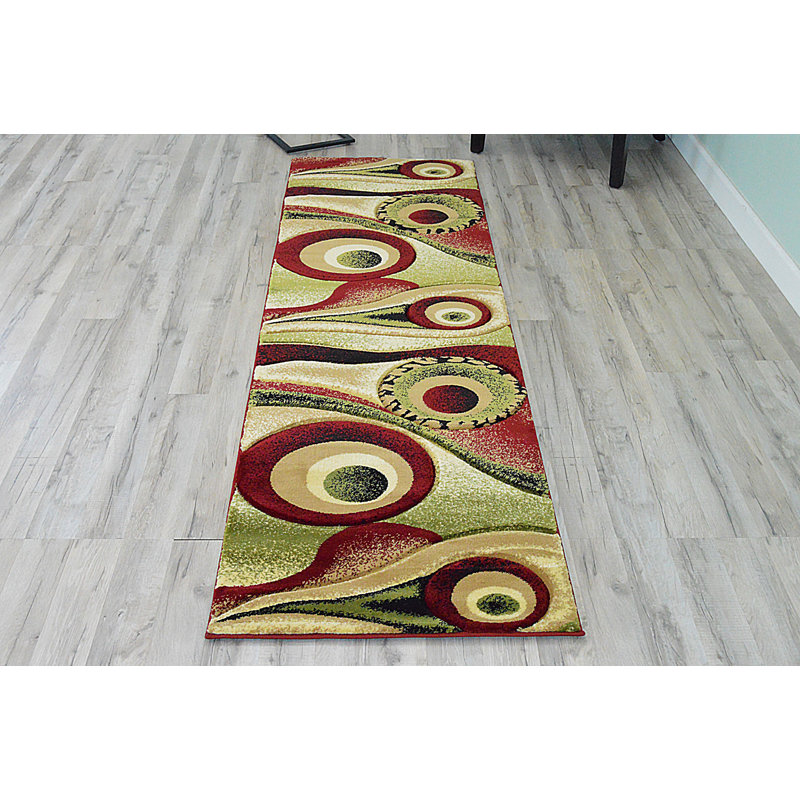Mccampbell Abstract Area Rug, Runner 2'2" x 7'4", Burgundy/Green/Beige