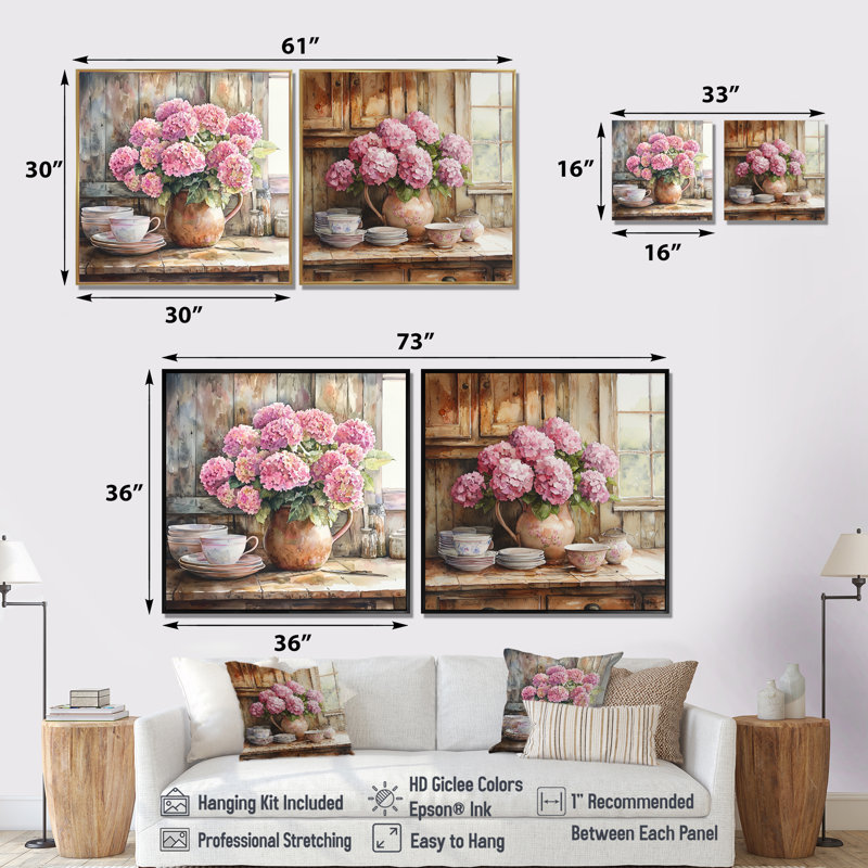 Hydrangeas In The Farm Kitchen I - Hydrangea Wall Art - ensemble d'art mural traditionnel 2 pièces, H 16 po x l 33 po