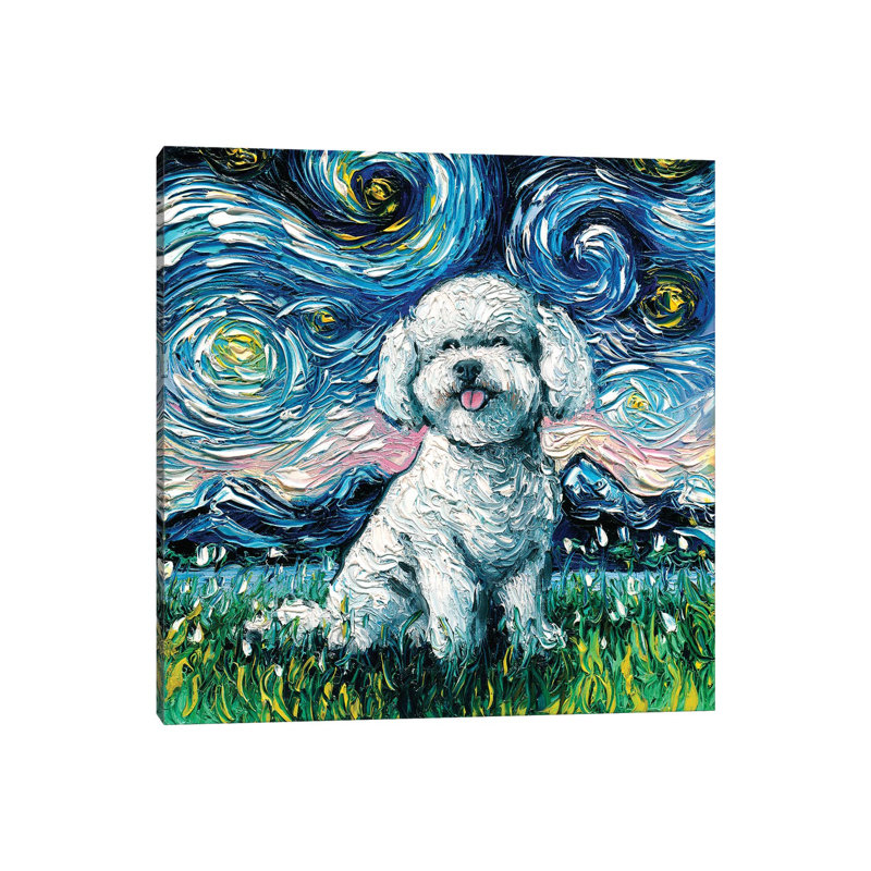Reproduction d’art, "Bichon frisé Night" par aja Trèves, Pas de tapis, H 12 po x l 12 po x P 1,5 po, Toile avec cadre noir
