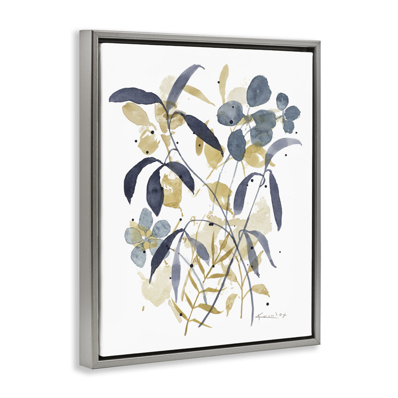 Cadre flottant bleu et jaune Impressions de plantes, design par Krinlox, H 21 po x l 17 po, Cadre flottant gris lustré