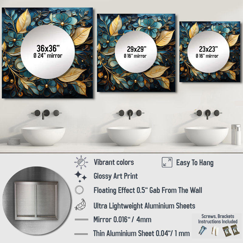 Adran - Miroir carré à feuilles pour décoration murale, 36 po x 36 po