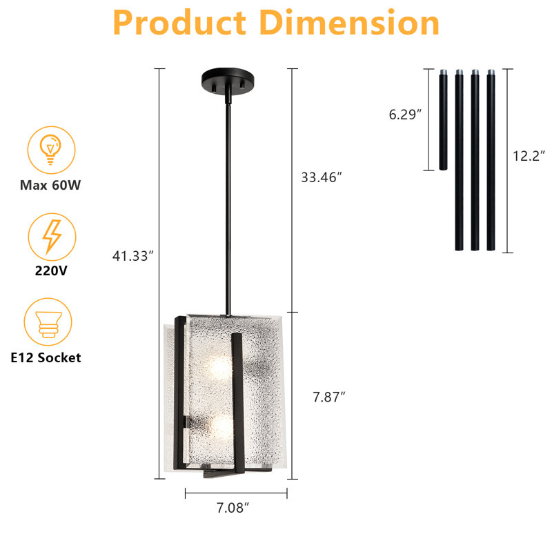 2-Light Frosted Glass Square/Rectangle Modern Pendant Light, Matte Black