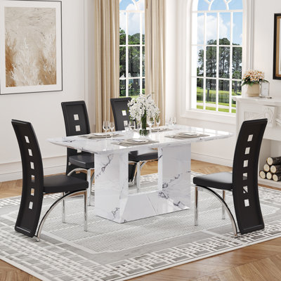 63'' Faux Marble Dining Table Set with Faux Leather Chairs, Set for 4 or 6 