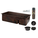 33" Hammered Copper Kitchen 70/30 Double Basin Sink with Short 5" Divider w/ Matching Drains and Accessories