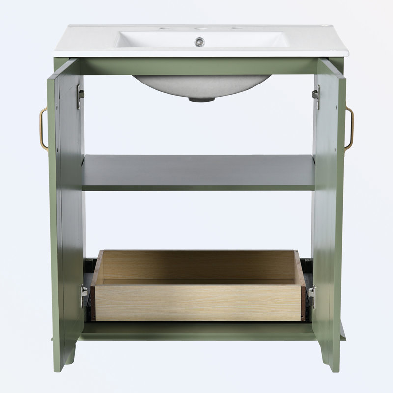 Bathroom Vanity with Ceramic Sink, Hidden Drawer