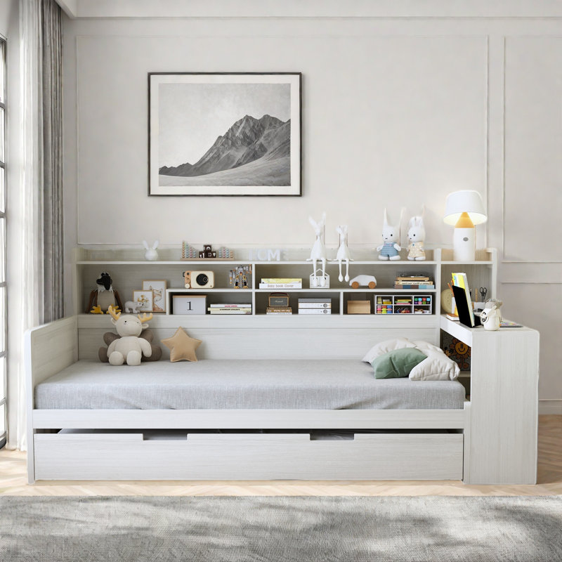 Multifunctional Wooden Daybed With Storage Shelves, Study Desk And Trundle, White, Twin