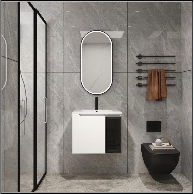 Meuble-lavabo mural de 24 po avec lavabo en céramique, portes à fermeture en douceur et finition blanche brillante pour les salles de bain modernes