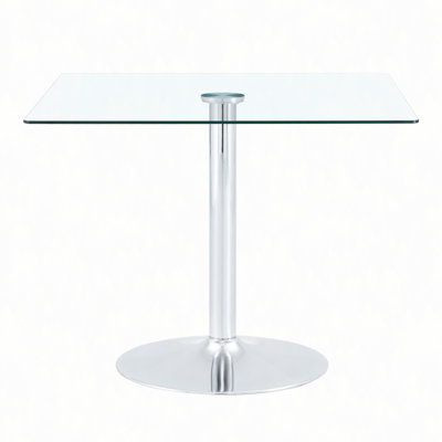 38.5" Modern Minimalist Square Glass Dining Table with Single-Column Metal Base. Available in Black, Gold, or Silver. Home dining table. Suitable for 2–4 people.