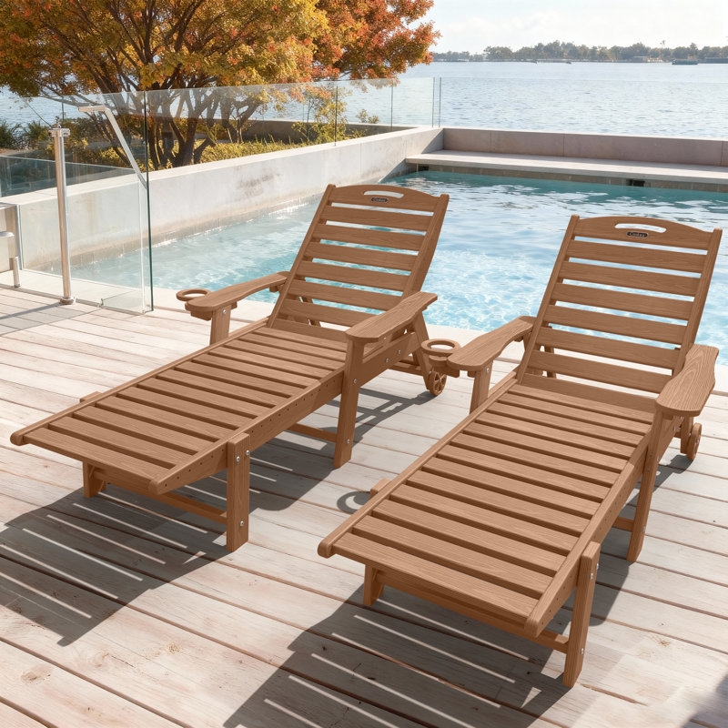 Outdoor Wood Texture Pool Reclining Lounge Chaise  With Wheels & Cup Holder (Set of 2), Brown