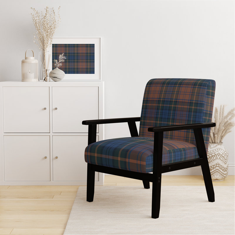 Fauteuil d'appoint rembourré à motif tartan vert et orange Fetullah, Brun / bleu marine / bleu foncé, Noir